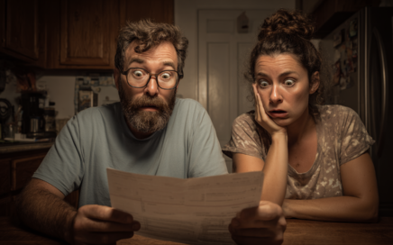 a couple sitting at a kitchen table in shock over their mortgage renewal papers